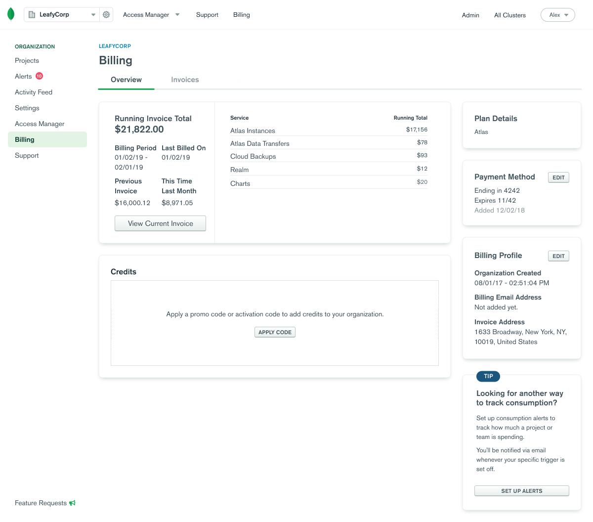 Previous billing alerts interface